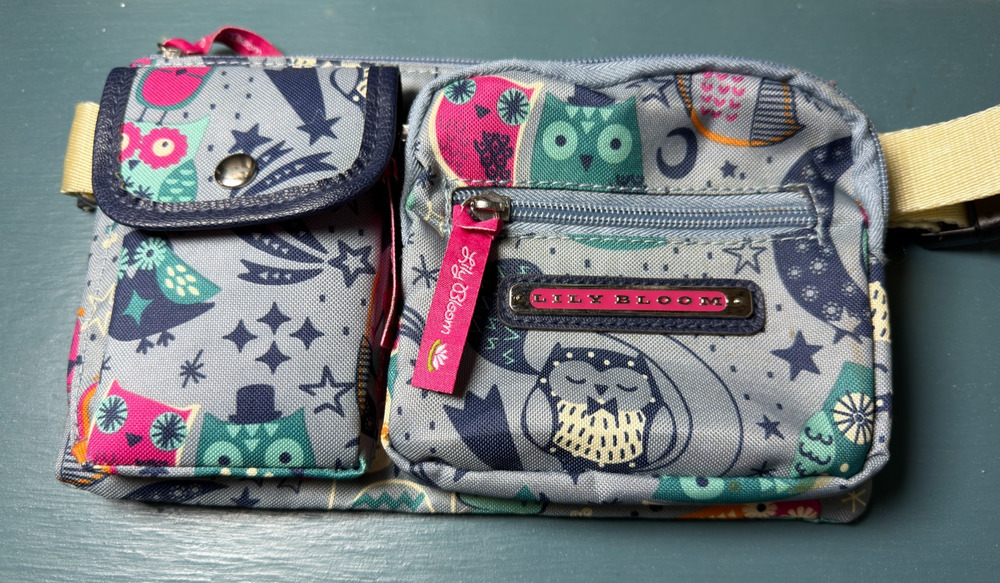 Lily Bloom Owl Print Belt Bag Fanny Waist Pack Crossbody Blue Pink Washable